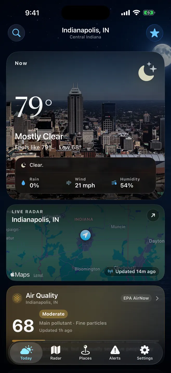 USA Weather Pro app — dark forecast dashboard screen