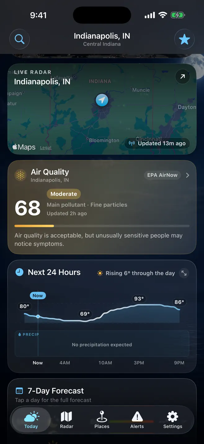 USA Weather Pro app — severe weather alerts screen